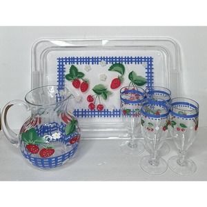 Garden Ridge Clear Acrylic Strawberry Cherry Fruit Tray Water Pitcher & Goblets